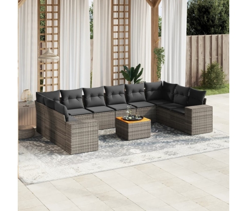 Set de sofás de jardín 11 pzas y cojines ratán sintético gris