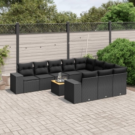 Set de sofás de jardín 11 pzas y cojines ratán sintético negro