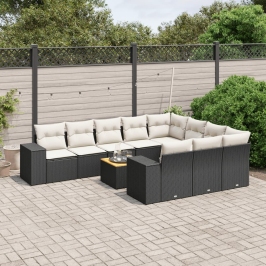 Set de sofás de jardín 11 pzas y cojines ratán sintético negro