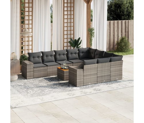 Set de sofás de jardín 11 pzas y cojines ratán sintético gris