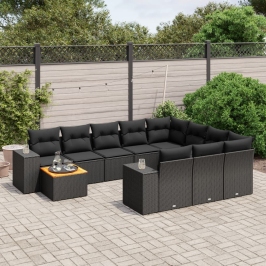 Set de sofás de jardín 11 pzas y cojines ratán sintético negro