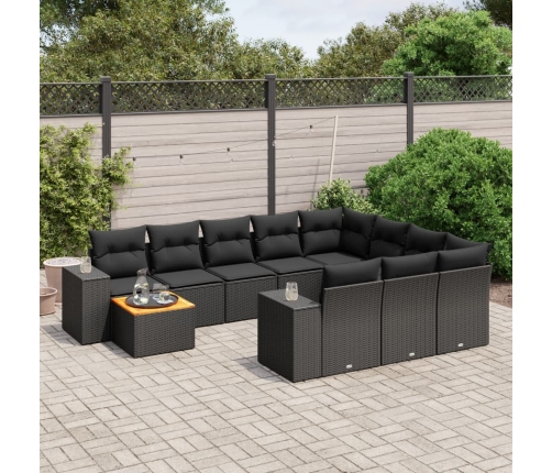 Set de sofás de jardín 11 pzas y cojines ratán sintético negro