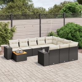 Set de sofás de jardín 11 pzas y cojines ratán sintético negro