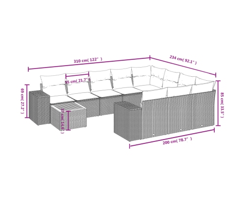 Set de sofás de jardín 11 pzas y cojines ratán sintético gris