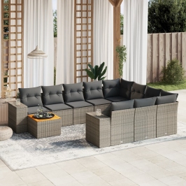 Set de sofás de jardín 11 pzas y cojines ratán sintético gris