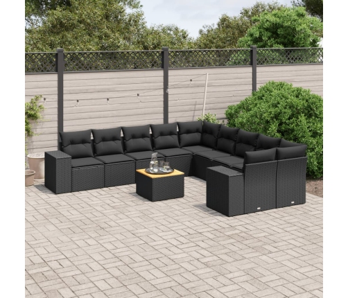 Set de sofás de jardín 11 pzas y cojines ratán sintético negro