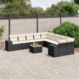 Set de sofás de jardín 11 pzas y cojines ratán sintético negro
