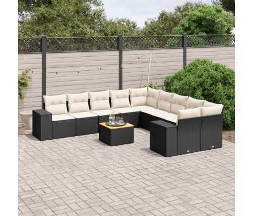 Set de sofás de jardín 11 pzas y cojines ratán sintético negro