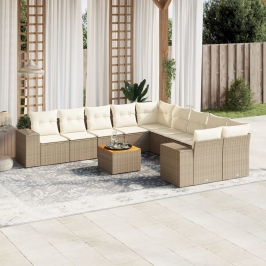 Set de sofás de jardín 11pzas con cojines ratán sintético beige