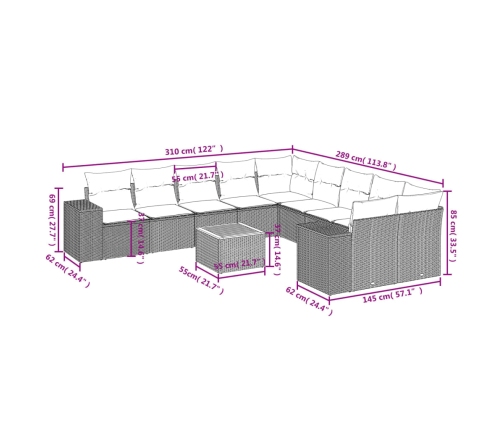 Set de sofás de jardín 11pzas con cojines ratán sintético beige