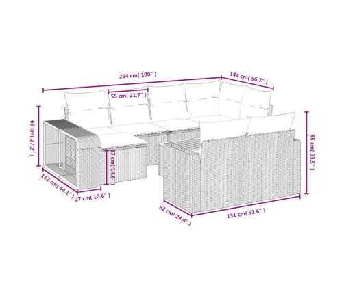 Set de sofás de jardín 11 pzas y cojines ratán sintético negro