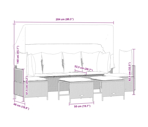 Set comedor de jardín 5 piezas y cojines ratán sintético marrón