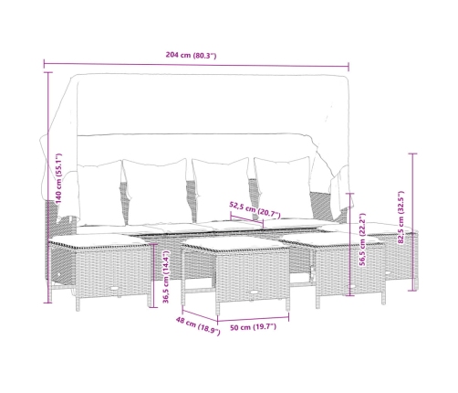 Set comedor de jardín 5 piezas y cojines ratán sintético marrón