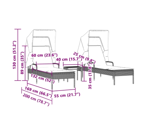 Tumbonas con capota y mesa 2 uds ratán sintético marrón