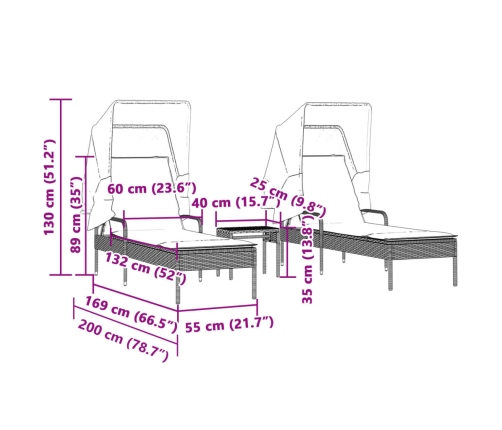 Tumbonas con capota y mesa 2 uds ratán sintético beige