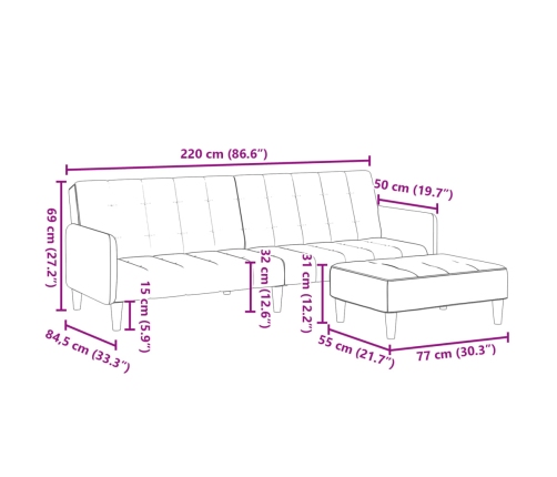 Sofá cama de 2 plazas con taburete tela gris claro