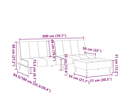 Sofá cama de 2 plazas con taburete terciopelo gris claro