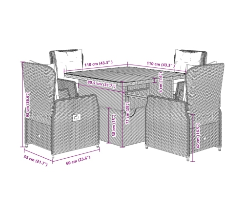 Set comedor de jardín 5 piezas con cojines ratán sintético gris