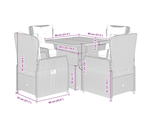 Set comedor de jardín 5 pzas con cojines ratán sintético beige