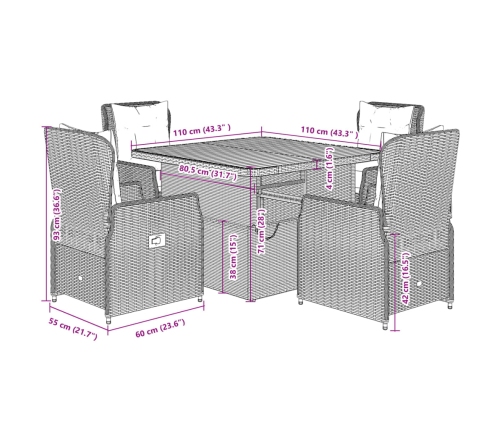 Set comedor de jardín 5 pzas con cojines ratán sintético beige