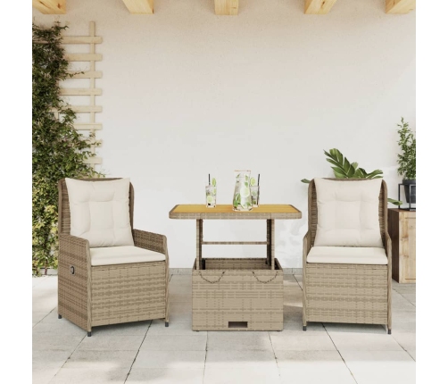 Sillas y mesita de jardín 3 piezas ratán sintético cojín beige