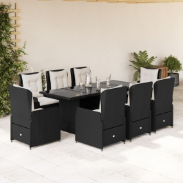 Set de comedor de jardín 9 pzas y cojines ratán sintético negro