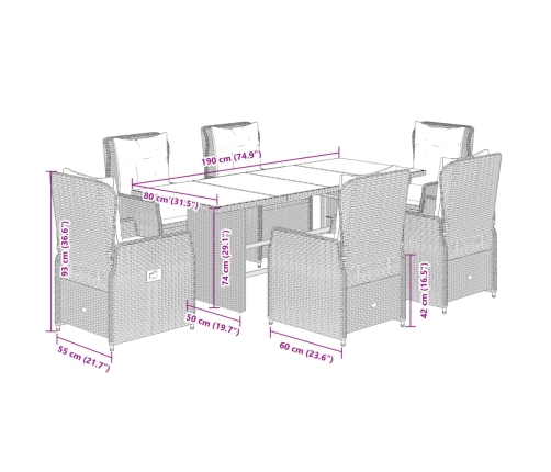 Set comedor jardín 7 pzas y cojines ratán sintético gris