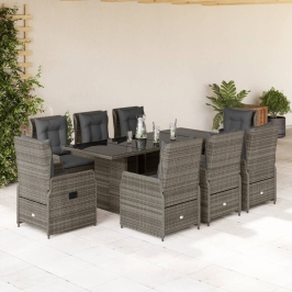 Set comedor jardín 9 pzas y cojines ratán sintético gris