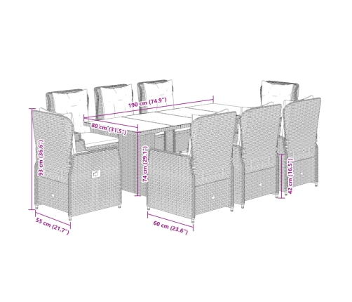 Set comedor jardín 9 pzas y cojines ratán sintético gris