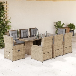 Set comedor de jardín 9 pzas con cojines ratán sintético beige