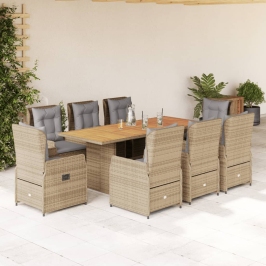 Set comedor de jardín 9 pzas con cojines ratán sintético beige