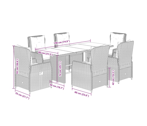 Set comedor de jardín 7 pzas con cojines ratán sintético beige