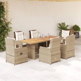 Set comedor de jardín 7 pzas con cojines ratán sintético beige