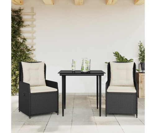 Set comedor de jardín 3 pzas con cojines ratán sintético negro