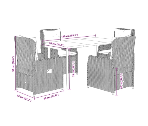 Set de muebles jardín 5 pzas con cojines ratán sintético negro