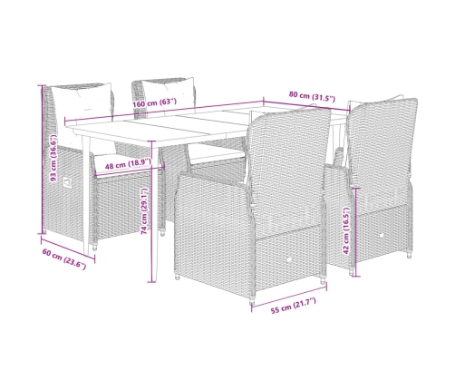 Set de muebles jardín 5 pzas con cojines ratán sintético negro