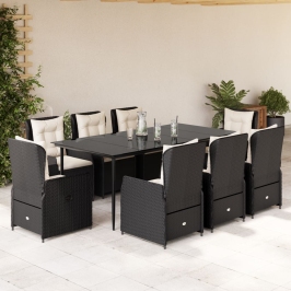 Set de comedor de jardín 9 pzas y cojines ratán sintético negro