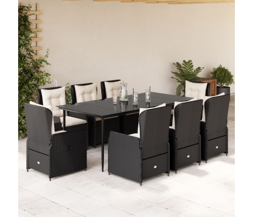 Set de comedor de jardín 9 pzas y cojines ratán sintético negro