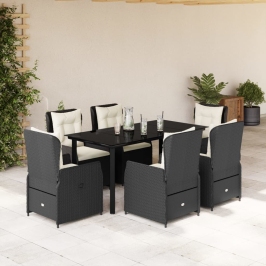 Set de comedor de jardín 7 pzas y cojines ratán sintético negro