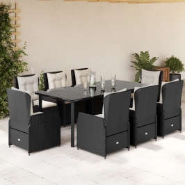 Set de comedor de jardín 9 pzas y cojines ratán sintético negro