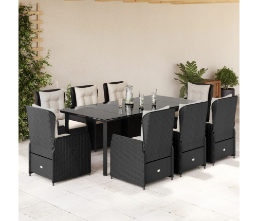Set de comedor de jardín 9 pzas y cojines ratán sintético negro