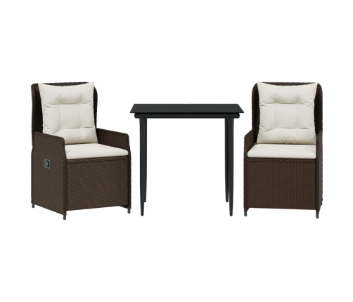 Set comedor de jardín 3 piezas y cojines ratán sintético marrón