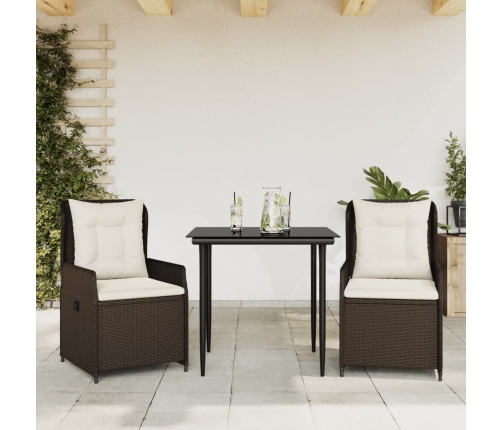 Set comedor de jardín 3 piezas y cojines ratán sintético marrón
