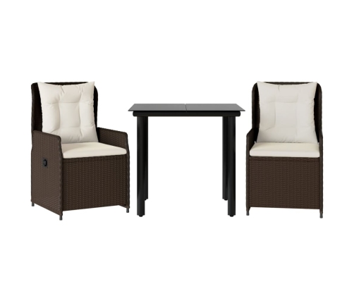 Set comedor de jardín 3 piezas y cojines ratán sintético marrón