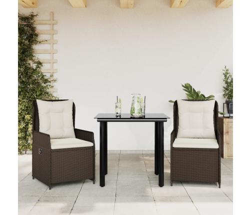 Set comedor de jardín 3 piezas y cojines ratán sintético marrón