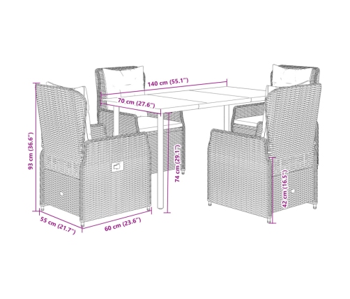 Set comedor de jardín 5 piezas y cojines ratán sintético marrón
