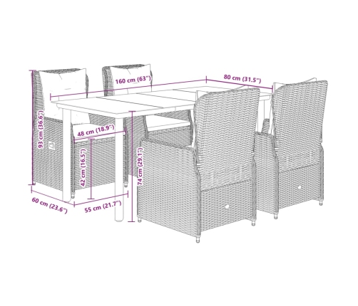 Set comedor de jardín 5 piezas y cojines ratán sintético marrón