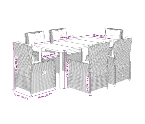Set comedor de jardín 7 pzas con cojines ratán sintético marrón
