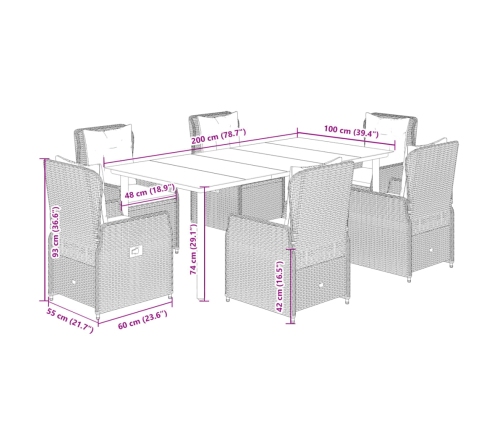 Set comedor de jardín 7 pzas con cojines ratán sintético marrón