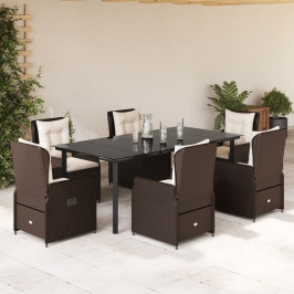 Set comedor de jardín 7 pzas con cojines ratán sintético marrón